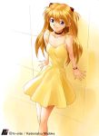  choker dress kadomatsu_madoka neon_genesis_evangelion solo souryuu_asuka_langley sundress watch yellow yellow_background yellow_dress 