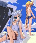 bad_id barefoot beach blonde_hair blue_eyes bow braid cloud flat_chest hair_bow long_hair lowres mof&#039;s_silver_haired_twintailed_girl multiple_girls ocean oekaki original ponytail redrantem redrantem&#039;s_orange_haired_girl silver_hair skirt sky topless twintails water wet