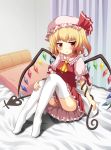  bad_id bed blonde_hair colored flandre_scarlet hat highres laevatein pout rasahan red_eyes shiro_tsugumi short_hair side_ponytail solo thigh-highs thighhighs touhou wings 