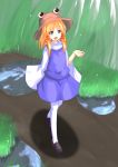  blonde_hair blue_eyes grass hat moriya_suwako open_mouth puddle solo thigh-highs thighhighs touhou 