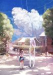  bag brown_eyes brown_hair cloud clouds ghost highres original plasm popsicle power_lines scenery school_uniform skirt solo twintails 