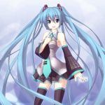  aqua_eyes aqua_hair bad_id detached_sleeves garuku hand_on_chest hand_on_own_chest hatsune_miku headset long_hair necktie skirt smile solo thigh-highs thighhighs twintails very_long_hair vocaloid 