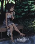  brown_eyes brown_hair chihaya_72 dock dress feet feet_in_water grass hagiwara_yukiho holding holding_shoes idolmaster nature ramune river shade short_hair sitting soaking_feet solo splash sundress toes water 