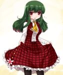  :p alternate_hairstyle ascot black_legwear blush curtsey flower green_hair kazami_yuuka kt2 long_hair multicolored_hair pantyhose plaid plaid_skirt plaid_vest red_eyes skirt skirt_lift skirt_set solo tongue touhou two-tone_hair 