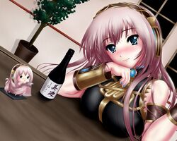  blue_eyes blush bottle breast_press breast_rest breasts chibi dress headset large_breasts long_hair megurine_luka nail_polish nohoho_(kakikonchi) pink_hair plant takoluka vocaloid wristband 