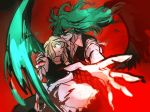  1girl angry bad_id blood chikage_(kinokodou) closed_eyes foreshortening frown genderswap gif_artifacts glowing_eye green_hair hair_over_one_eye kazami_yuuka kirisame_marisa light_trail plaid_vest reaching red_background sharp_nails touhou wings 