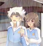  2boys brown_hair headband ibuki_munemasa inazuma_eleven_(series) inazuma_eleven_go inazuma_eleven_go_galaxy lightning_bolt male multiple_boys open_mouth rain shindou_takuto shinsei_inazuma_japan shiramomo track_jacket umbrella white_hair 