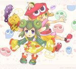  2012 2girls :&lt; amitie artist_name blonde_hair blue_eyes club copyright_name creature double_bun green_eyes green_hair hat horns multiple_girls onion_pixy oversized_clothes pointy_ears puyo_(puyopuyo) puyopuyo puyopuyo_fever rider_(puyopuyo) shinonome_moegi shoes short_hair shorts skirt sleeves_past_wrists smile spiked_club v weapon wink 