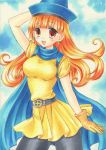  bad_id blush breasts cape dragon_quest dragon_quest_iv earrings gloves hat jewelry long_hair open_mouth orange_eyes orange_hair pantyhose shimuraten smile solo taut_shirt 