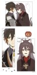 1boy 1girl absurdres animal_ears black_hair boo_tao_(genshin_impact) brown_hair cat_ears cat_girl cat_tail comic eyeliner eyeshadow face-to-face fangs flower-shaped_pupils genshin_impact ginseng hair_between_eyes highres hu_tao_(genshin_impact) jacket korean_text long_hair long_sleeves looking_at_viewer makeup open_mouth red_eyes red_eyeshadow shirt smelling sp0i0ppp suit symbol-shaped_pupils tail translation_request twintails twitter_username yellow_eyes zhongli_(genshin_impact)