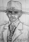  1boy alto_clef banana_print facial_hair fedora graphite_(medium) hat highres lab_coat looking_at_viewer m4skedboi mustache necktie nose scp_foundation short_hair solo traditional_media 