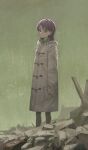  1girl coat duffel_coat expressionless flcl green_background looking_at_viewer ninamori_eri outdoors oversized_clothes purple_hair scarf solo standing subfiction violet_eyes 