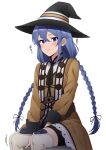  1girl absurdres black_headwear blue_eyes blue_hair boots braid brown_robe closed_mouth hat highres long_hair looking_at_viewer mushoku_tensei plain_222 robe roxy_migurdia simple_background sitting smile solo thigh-highs thigh_boots twin_braids white_background white_thighhighs witch_hat 