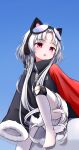  1girl absurdres animal_ear_headwear azur_lane black_coat chang_chun_(azur_lane) coat commentary_request day fur-trimmed_coat fur_trim highres knee_up long_hair long_sleeves looking_at_viewer outdoors pantyhose pink_eyes solo starnight_stuka very_long_hair white_hair white_pantyhose 
