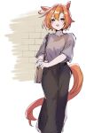  1girl :d amano_(amano_miko) animal_ears bag black_skirt blush brick_wall commentary_request copyright_request grey_shirt hair_between_eyes handbag highres looking_at_viewer orange_hair shirt short_hair short_sleeves shoulder_bag simple_background sketch skirt smile solo tail violet_eyes white_background 