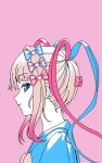  1girl blonde_hair blue_bow blue_eyes blue_hair blue_shirt bow chouzetsusaikawa_tenshi-chan closed_mouth eencya from_side gradient_hair hair_bow hair_ornament heart heart_hair_ornament long_hair looking_at_viewer lowres multicolored_hair needy_girl_overdose official_art pink_background pink_bow pink_hair pixel_art profile purple_bow quad_tails sailor_collar second-party_source shirt simple_background solo twintails upper_body yellow_bow 