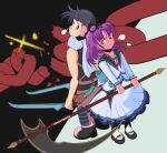  1boy 1girl back-to-back black_hair bow broken broken_chain chain curtained_hair dress drewprints dual_wielding eiyuu_densetsu english_commentary hair_bow highres holding holding_scythe holding_sword holding_weapon joshua_bright looking_at_viewer purple_hair renne_(eiyuu_densetsu) scythe shoes short_hair sora_no_kiseki sword two-tone_background weapon yellow_eyes 