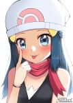  1girl :p absurdres bare_shoulders beanie black_shirt blue_eyes blue_hair eyelid_pull hair_ornament hairclip hat highres hikari_(knuckles97) hikari_(pokemon) long_hair looking_at_viewer pokemon pokemon_dppt red_scarf scarf shirt simple_background sleeveless solo tongue tongue_out upper_body white_background white_headwear 