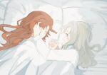  2girls bed bed_sheet blue_eyes blush braid closed_eyes closed_mouth grey_hair hand_in_another&#039;s_hair highres holding_hands long_hair long_sleeves matilda_bouanich multiple_girls nelizx on_bed orange_hair pillow reverse:1999 shirt side_braid sonetto_(reverse:1999) under_covers white_shirt 