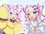  2girls :d blonde_hair blue_bow blue_eyes blue_hair blue_shirt blush bow bow-shaped_hair character_hair_ornament chouzetsusaikawa_tenshi-chan commentary_request commission crossover hair_bow hair_ornament hands_up heart heart_hair_ornament iono_(pokemon) jacket long_hair long_sleeves looking_at_viewer multicolored_hair multiple_girls needy_girl_overdose open_mouth pink_bow pink_eyes pink_hair pokemon pokemon_sv purple_bow quad_tails ranryu330 sailor_collar sharp_teeth shirt skeb_commission sleeves_past_fingers sleeves_past_wrists smile speech_bubble teeth twintails two-tone_hair upper_body very_long_hair yellow_bow yellow_jacket 