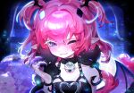  1girl :3 bare_shoulders bell black_cat black_collar blush camila_(vtuber) cat chest_belt claw_ring cloud_(lufaeris) collar collarbone colored_eyelashes demon_girl demon_tail demon_wings diamond_hair_ornament earrings eyelashes facial_mark hair_between_eyes halterneck hand_up head_wings heart heart_belt heart_facial_mark highres indie_virtual_youtuber jewelry light_particles looking_at_viewer medium_hair mismatched_eyelashes multicolored_hair neck_bell one_eye_closed pink_hair pointy_ears solo streaked_hair stud_earrings tail two_side_up violet_eyes virtual_youtuber watermark white_hair wings 