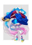  1girl artist_logo blue_cape blue_dress blue_eyes blue_footwear blue_hair boots cape cape_hold closed_mouth commentary cure_sky cut_bangs detached_sleeves dress earclip frilled_dress frills fringe_trim full_body gloves gradient_hair highres hirogaru_sky!_precure long_hair looking_to_the_side magical_girl multicolored_hair pink_hair precure puffy_detached_sleeves puffy_sleeves red_cape shadow short_dress single_sidelock smile sora_harewataru standing streaked_hair tete_a thigh-highs twintails two-sided_cape two-sided_fabric very_long_hair white_gloves white_thighhighs wing_hair_ornament 