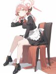  1girl apron aru_(blue_archive) blue_archive breasts chair halo highres horns lilium(lilydisease) long_hair long_sleeves maid maid_apron maid_headdress pink_hair shoes skirt socks white_socks yellow_eyes 