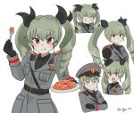  anchovy_(girls_und_panzer) anzio_(emblem) belt benito_mussolini black_belt black_cat03 black_gloves crossed_arms decorations eating emblem extra_faces food fork glasses gloves green_hair hair_tie happy hat holding holding_fork holding_whip necktie pasta pointing red_eyes serious short_twintails smile spaghetti teeth twintails uniform whip 
