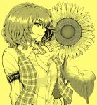  1girl ascot collared_shirt commentary_request flower highres kazami_yuuka leaf long_sleeves looking_at_viewer monochrome natsushiro plaid plaid_vest profile shirt short_hair simple_background solo sunflower touhou upper_body vest yellow_theme 