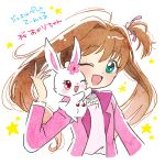  1girl ;d ahoge blush brown_hair cherry commentary_request creature flower food fruit green_eyes hand_up hoppetoonaka3 jacket jewelpet_(series) jewelpet_twinkle one_eye_closed open_mouth pink_jacket rabbit red_eyes ruby_(jewelpet) sakura_akari side_ponytail smile 