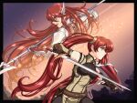  1990s_(style) 2girls armor black_border black_gloves border breasts commentary_request cordelia_(fire_emblem) detached_sleeves fingerless_gloves fire_emblem fire_emblem_awakening gloves head_wings highres holding holding_polearm holding_sword holding_weapon long_hair mother_and_daughter multiple_girls night night_sky open_mouth polearm red_eyes redhead retro_artstyle severa_(fire_emblem) sirknightbot sky star_(sky) sword teeth twintails upper_teeth_only weapon wings 