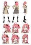 1girl absurdres ahoge bell cosplay expressions green_eyes hair_bell hair_ornament hand_on_own_hip highres hololive konbanwa01 long_sleeves lycoris_recoil lycoris_uniform medium_hair open_mouth pink_hair sakura_miko side_ponytail smile two-tone_dress virtual_youtuber