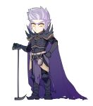  1boy armor breastplate cape closed_mouth frown full_body gauntlets greaves hammer highres holding holding_weapon long_eyebrows maiucal male_focus pathfinder pauldrons purple_cape purple_hair regill_(pathfinder) short_hair shoulder_armor simple_background solo spiked_pauldrons standing v-shaped_eyebrows weapon white_background yellow_eyes 