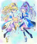  2girls asahina_mirai blonde_hair blue_choker bow bridal_gauntlets brooch choker closed_eyes commentary_request cure_magical cure_magical_(sapphire_style) cure_miracle cure_miracle_(sapphire_style) earrings gloves ha-chan_(mahou_girls_precure!) hair_ornament happy hat heart highres holding_hands hoppetoonaka3 izayoi_liko jewelry laughing long_hair magical_girl mahou_girls_precure! mini_hat mini_witch_hat mofurun_(mahou_girls_precure!) multiple_girls open_mouth pink_headwear ponytail precure purple_hair simple_background skirt smile star_(symbol) violet_eyes witch_hat 