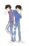  ... 2boys :d back-to-back barefoot black_hair blue_hoodie blue_pants blunt_bangs brothers closed_mouth crossed_arms full_body h_kawa half-closed_eyes hand_in_pocket holding holding_mask hood hood_down hoodie light_frown long_sleeves looking_at_another male_focus mask matsuno_ichimatsu matsuno_karamatsu messy_hair mouth_mask multiple_boys osomatsu-san pants purple_hoodie short_hair siblings simple_background smile sparkle speech_bubble sweatpants thumbs_up tongue tongue_out unworn_mask white_background white_mask 