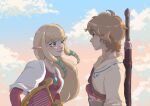  1boy 1girl absurdres blonde_hair blue_eyes clouds earrings eiriseth english_commentary floating_hair highres holding holding_instrument instrument jewelry link long_hair looking_at_another pointy_ears princess_zelda profile red_shirt shirt short_hair sidelocks sky sword sword_on_back the_legend_of_zelda upper_body weapon weapon_on_back 