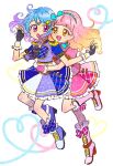  2girls :d :o aikatsu!_(series) aikatsu_friends! arm_around_waist blue_bow blue_hair blue_hairband blunt_bangs bow commentary_request gradient_hair hair_bow hair_ornament hairband hoppetoonaka3 hug idol idol_clothes minato_mio multicolored_hair multiple_girls open_mouth simple_background skirt smile star_(symbol) star_hair_ornament violet_eyes yellow_eyes yuki_aine 