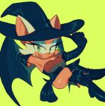  1girl animal_ears arm_behind_head bat_ears bat_girl bat_wings blue_eyeshadow boots elbow_gloves eyelashes eyeshadow gloves green_background green_eyes halloween_costume hand_on_headwear hat highres knee_boots looking_at_viewer makeup ochibrochi rouge_the_bat simple_background smile sonic_(series) sparkle white_fur wings witch_hat 