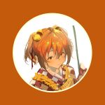  1girl absurdres apron bell character_name closed_mouth clothes_writing hair_bell hair_bobbles hair_ornament highres looking_at_viewer motoori_kosuzu orange_background orange_eyes orange_hair portrait short_hair solo touhou two_side_up user_srce2338 yellow_apron 
