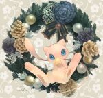  animal_focus blue_eyes colored_skin commentary_request floral_background flower grey_background highres mew_(pokemon) no_humans pawpads pink_skin pokemon pokemon_(creature) st_strp star_(symbol) tail 