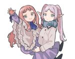  2girls :&gt; aqua_eyes ascot blue_ascot blue_scarf carrying carrying_person character_request commentary_request dot_mouth dot_nose dou_(mame_eee) elf eyelashes frieren frills grey_eyes highres long_hair multiple_girls pink_hair pointy_ears scarf simple_background sousou_no_frieren twintails waving white_background white_hair 