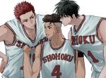  3boys basketball_jersey basketball_uniform beaker_pour bishounen black_eyes black_wristband brown_eyes brown_hair buzz_cut clothes_grab earrings hand_on_own_hip highres jewelry looking_at_another male_focus miyagi_ryouta multiple_boys pectoral_cleavage pectorals red_wristband redhead rukawa_kaede short_hair slam_dunk_(series) sportswear stud_earrings sweat tank_top toned toned_male undercut upper_body very_short_hair wavy_hair white_background white_tank_top 