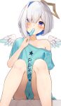  1girl amane_kanata bare_shoulders blue_hair blush buket_pudding_i commentary eating food grey_hair halo highres hololive hololive_english multicolored_hair no_pants off_shoulder panties pantyshot popsicle pp_tenshi_t-shirt short_hair single_hair_intake sitting solo star_halo striped striped_panties underwear violet_eyes wings 