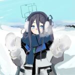  1girl aris_(blue_archive) black_hair blue_archive blue_eyes blue_scarf blush breath chise_01234 clouds coat earmuffs hair_between_eyes halo long_hair long_sleeves looking_at_viewer mittens one_side_up open_clothes open_coat open_hands outdoors scarf sketch sky snow solo winter 
