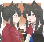  2girls :o animal_ear_piercing animal_ears arknights black_hair black_vest blue_necktie blush brown_eyes cake cake_slice cherry closed_mouth collared_shirt commentary dual_persona english_commentary eye_contact face-to-face feeding food fork fruit gloves green_necktie hair_between_eyes hand_up her_mann highres holding holding_fork long_hair looking_at_another motion_lines multiple_girls necktie official_alternate_costume open_mouth orange_background outside_border ponytail profile red_gloves red_shirt shirt sidelocks split_mouth texas_(arknights) texas_(willpower)_(arknights) texas_the_omertosa_(arknights) upper_body vest white_shirt wolf_ears wolf_girl 