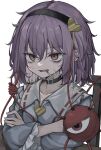  1girl absurdres black_hairband cigarette eyeball hair_between_eyes hair_ornament hairband heart heart_hair_ornament highres hisha_(kan_moko) komeiji_satori open_mouth purple_hair red_eyes short_hair simple_background smoking solo third_eye touhou white_background 