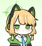  1girl animal_ear_headphones animal_ears blonde_hair blue_archive blue_necktie blush bow closed_mouth collared_shirt fake_animal_ears gradient_background green_bow green_eyes hair_bow headphones highres jacket looking_at_viewer midori_(blue_archive) necktie open_clothes open_jacket piki_(itpiki) shirt short_hair solo upper_body white_jacket white_shirt 