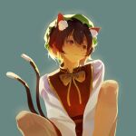  1girl animal_ears bow bowtie brown_eyes brown_hair cat_ears cat_girl cat_tail chen green_headwear hat highres knees_up long_sleeves looking_to_the_side mob_cap multiple_tails nekomata parted_lips short_hair simple_background solo tail touhou two_tails user_srce2338 yellow_bow yellow_bowtie 