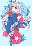  1girl :3 animal_ear_fluff animal_ears animal_nose ball blue_background blue_flower blue_kimono blunt_bangs brown_fur closed_mouth commission cross-shaped_pupils floating floral_print flower full_body furry grey_hair hands_up highres holding holding_ball japanese_clothes kimono long_hair looking_at_viewer morning_glory morning_glory_print nagino_nichiko obi orange_eyes original red_flower red_sash sash solo sparkle symbol-shaped_pupils tail very_long_hair wide_sleeves yukata 