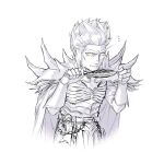  1boy armor belt breastplate cape food gauntlets greyscale highres holding holding_food holding_skewer looking_at_viewer maiucal male_focus monochrome parted_lips pathfinder pauldrons regill_(pathfinder) short_hair shoulder_armor simple_background skewer solo spot_color v-shaped_eyebrows yellow_eyes 